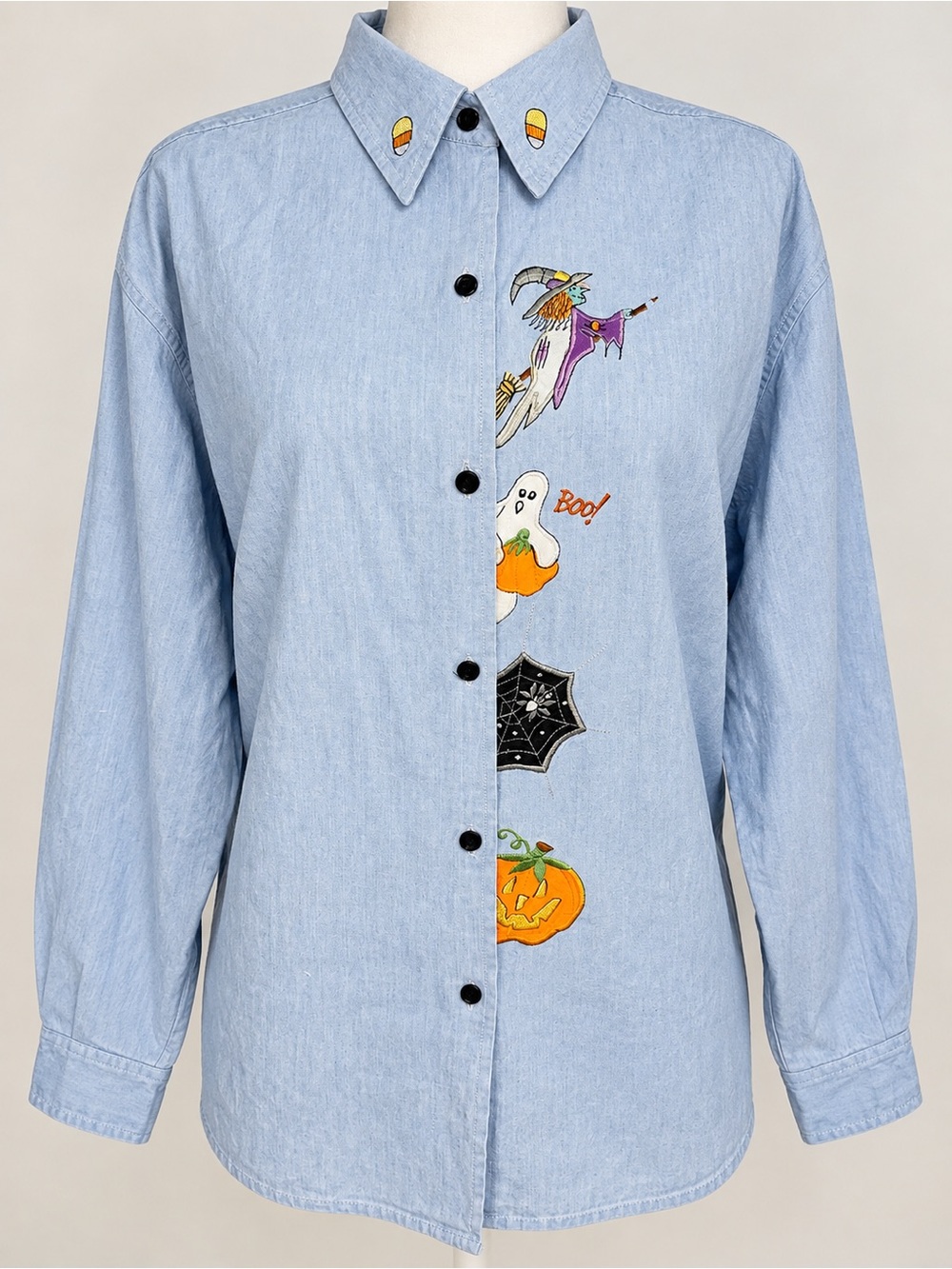 Vintage Passports Halloween Chambray Shirt Embroidered Pumpkin Witch Teacher Mom
